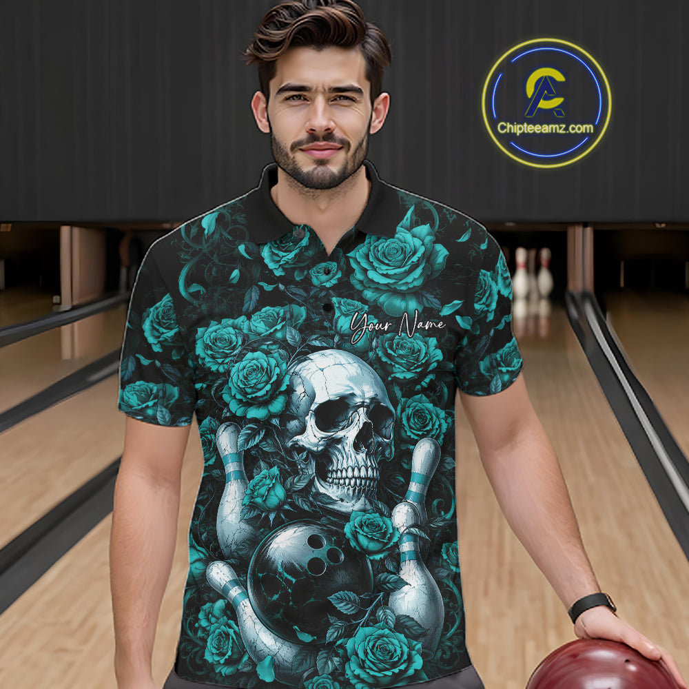 Custom Turquoise Blue Roses And Skull Halloween Bowling Team Men Polo Shirt, Bowler Outfit IPHW11967