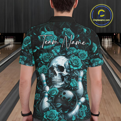 Custom Turquoise Blue Roses And Skull Halloween Bowling Team Men Polo Shirt, Bowler Outfit IPHW11967