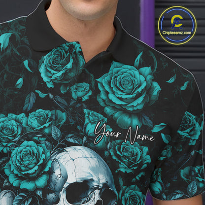 Custom Turquoise Blue Roses And Skull Halloween Bowling Team Men Polo Shirt, Bowler Outfit IPHW11967