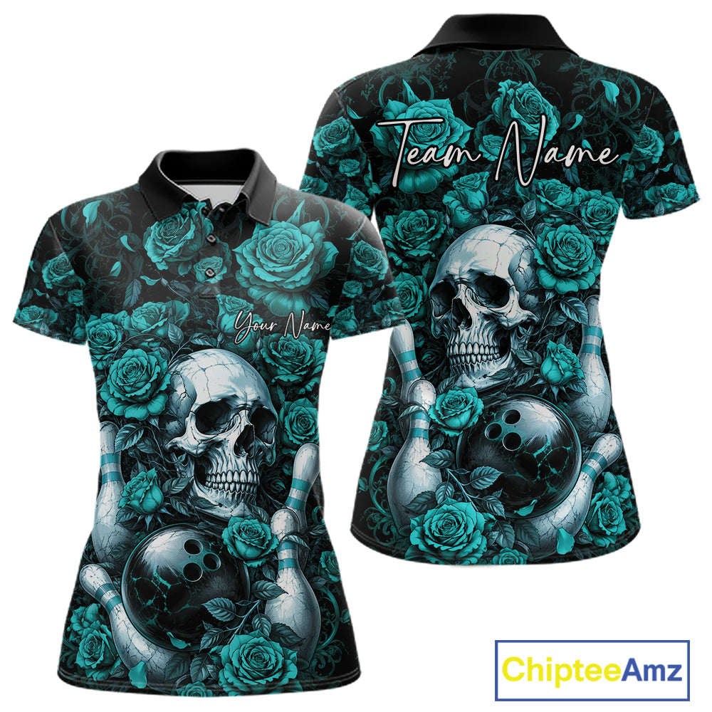 Custom Turquoise Blue Roses And Skull Halloween Bowling Team Women Polo Shirt, Bowler Outfit IPHW11967