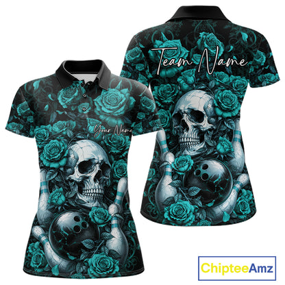 Custom Turquoise Blue Roses And Skull Halloween Bowling Team Women Polo Shirt, Bowler Outfit IPHW11967