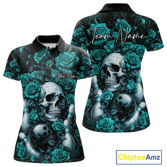 Custom Turquoise Blue Roses And Skull Halloween Bowling Team Women Polo Shirt, Bowler Outfit IPHW11967