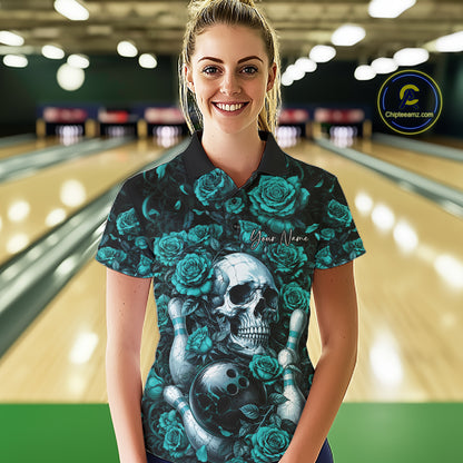 Custom Turquoise Blue Roses And Skull Halloween Bowling Team Women Polo Shirt, Bowler Outfit IPHW11967