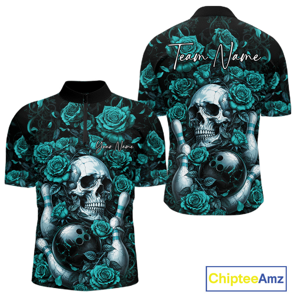 Custom Turquoise Blue Roses And Skull Halloween Bowling Men Quarter Zip Shirt, Bowler Outfit IPHW11967
