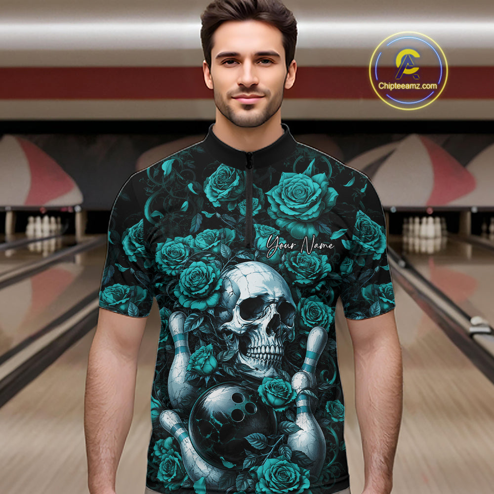 Custom Turquoise Blue Roses And Skull Halloween Bowling Men Quarter Zip Shirt, Bowler Outfit IPHW11967