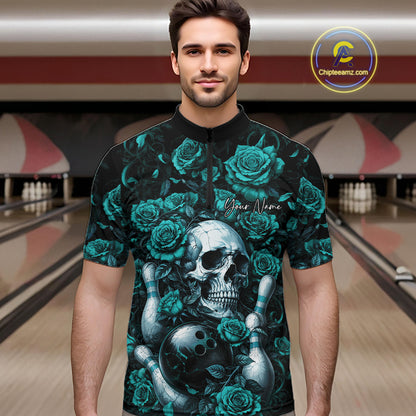 Custom Turquoise Blue Roses And Skull Halloween Bowling Men Quarter Zip Shirt, Bowler Outfit IPHW11967