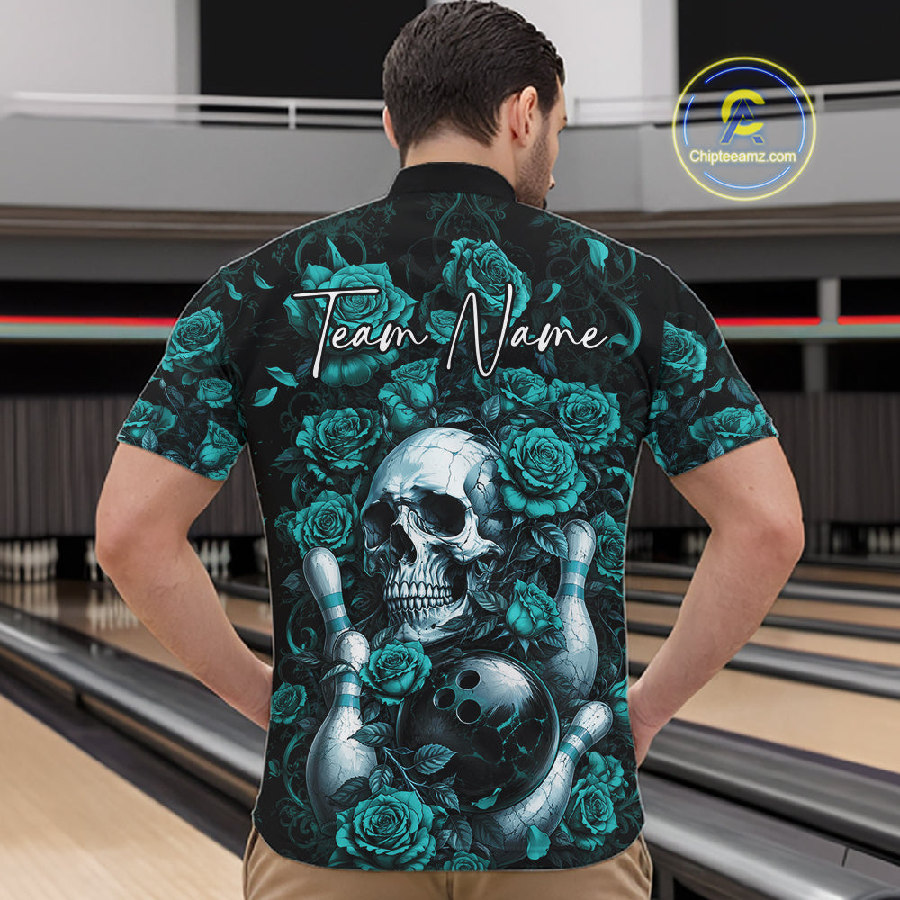 Custom Turquoise Blue Roses And Skull Halloween Bowling Men Quarter Zip Shirt, Bowler Outfit IPHW11967