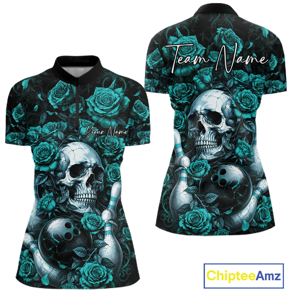 Custom Turquoise Blue Roses And Skull Halloween Bowling Team Women Quarter-Zip Shirt IPHW11967