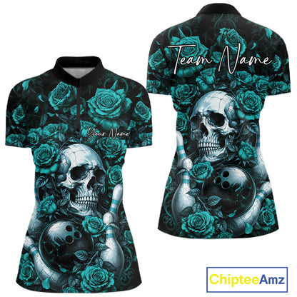 Custom Turquoise Blue Roses And Skull Halloween Bowling Team Women Quarter-Zip Shirt IPHW11967