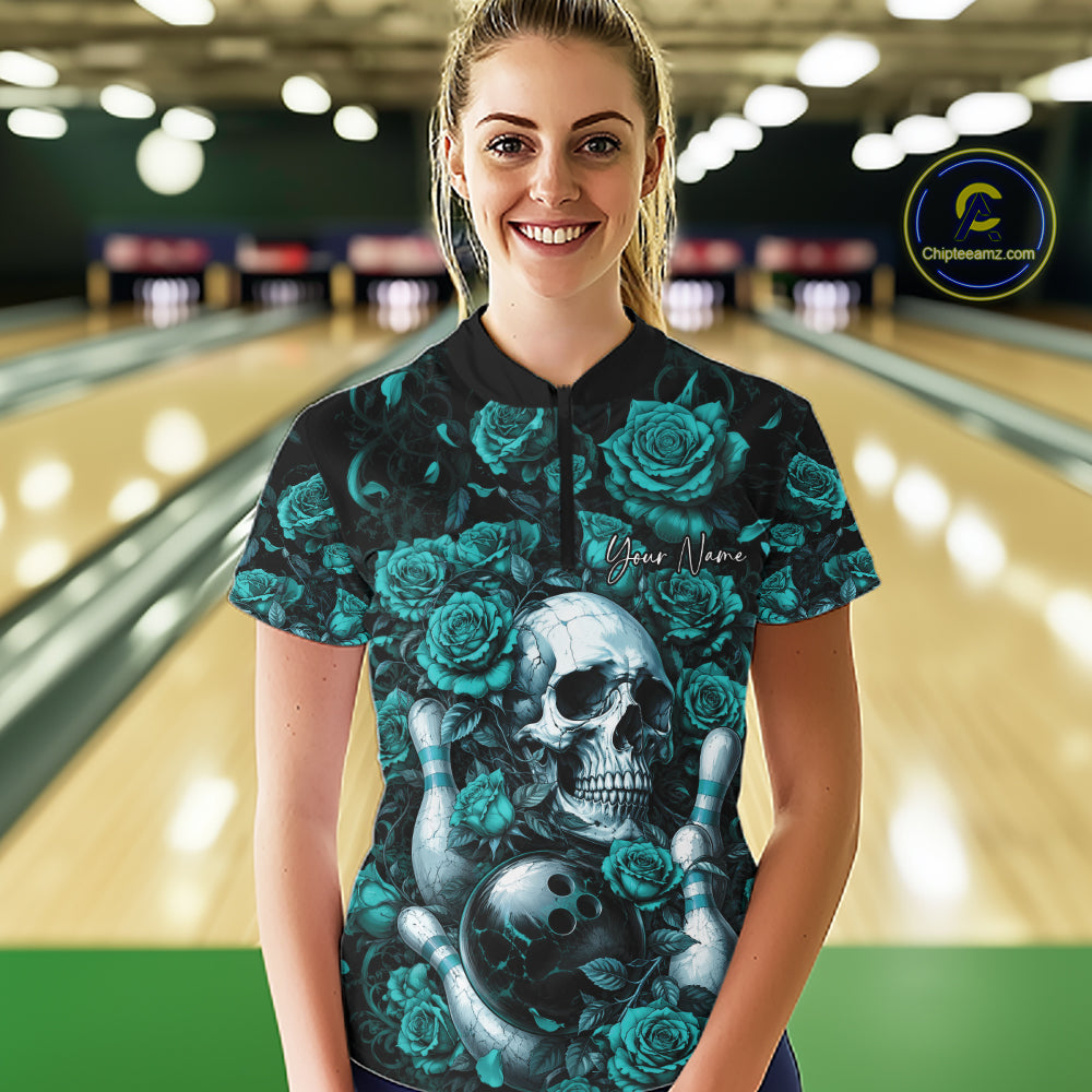Custom Turquoise Blue Roses And Skull Halloween Bowling Team Women Quarter-Zip Shirt IPHW11967