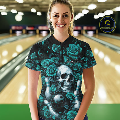 Custom Turquoise Blue Roses And Skull Halloween Bowling Team Women Quarter-Zip Shirt IPHW11967