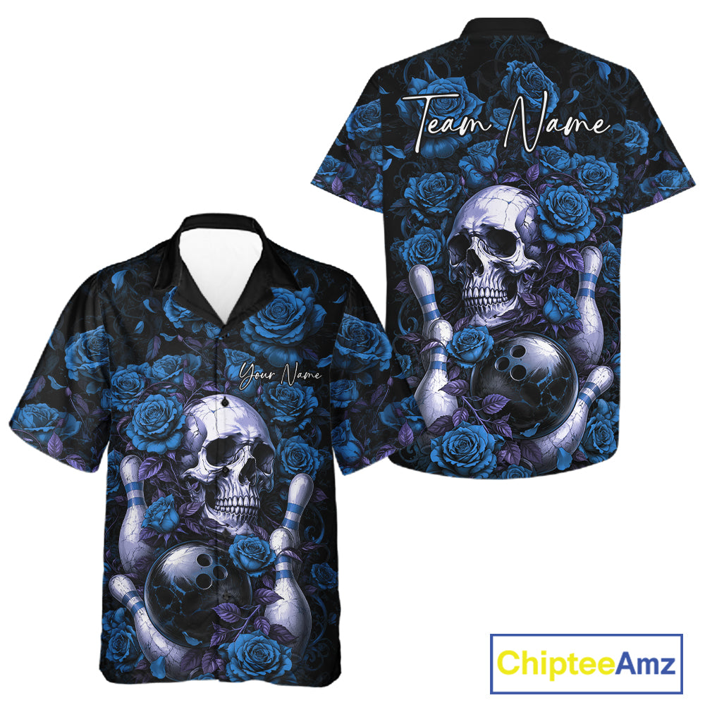 Custom Blue Roses And Skull Halloween Bowling Team Men And Women Button Up Shirt, Bowler Outfit IPHW11968