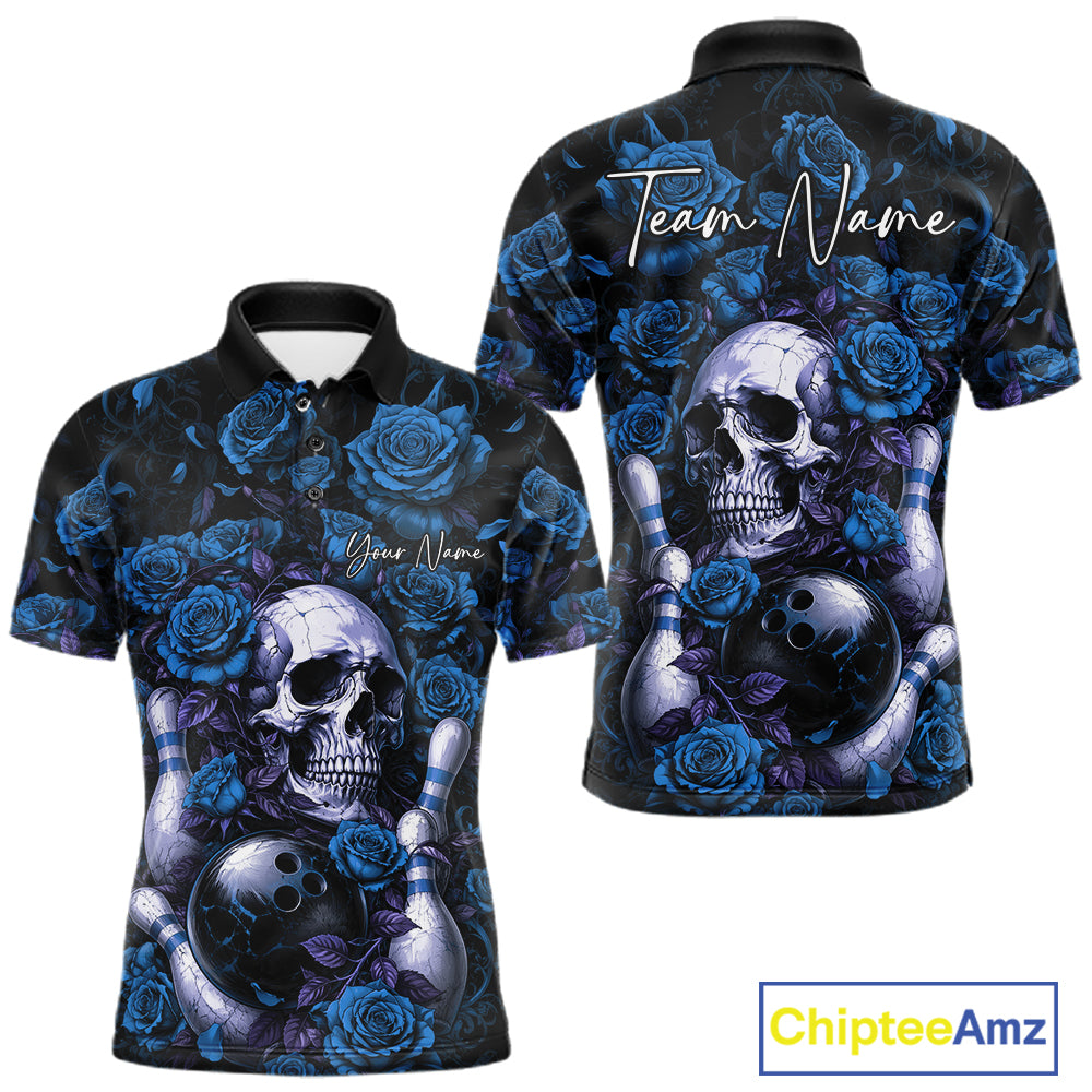 Custom Blue Roses And Skull Halloween Bowling Team Men Polo Shirt, Bowler Outfit IPHW11968