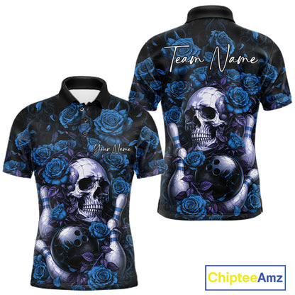 Custom Blue Roses And Skull Halloween Bowling Team Men Polo Shirt, Bowler Outfit IPHW11968