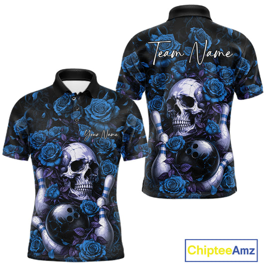 Custom Blue Roses And Skull Halloween Bowling Team Men Polo Shirt, Bowler Outfit IPHW11968