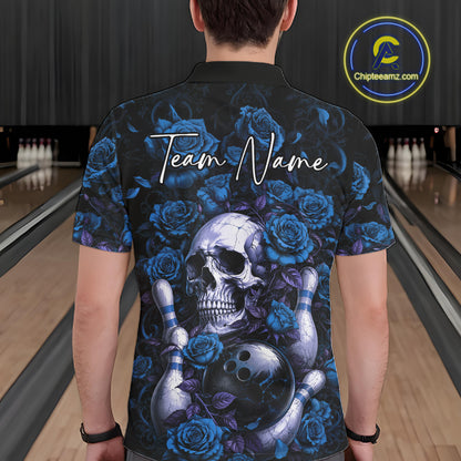 Custom Blue Roses And Skull Halloween Bowling Team Men Polo Shirt, Bowler Outfit IPHW11968