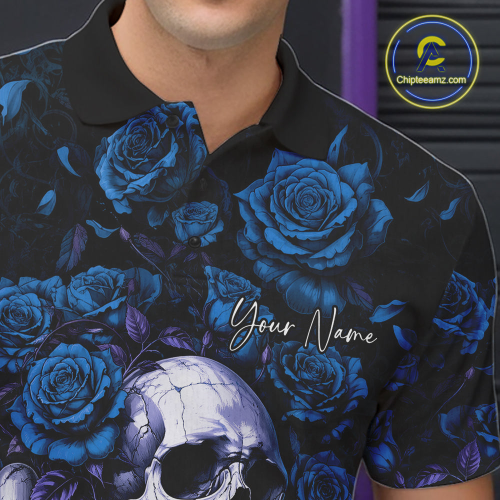 Custom Blue Roses And Skull Halloween Bowling Team Men Polo Shirt, Bowler Outfit IPHW11968