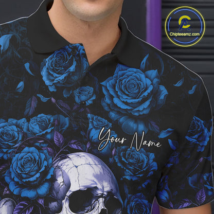 Custom Blue Roses And Skull Halloween Bowling Team Men Polo Shirt, Bowler Outfit IPHW11968