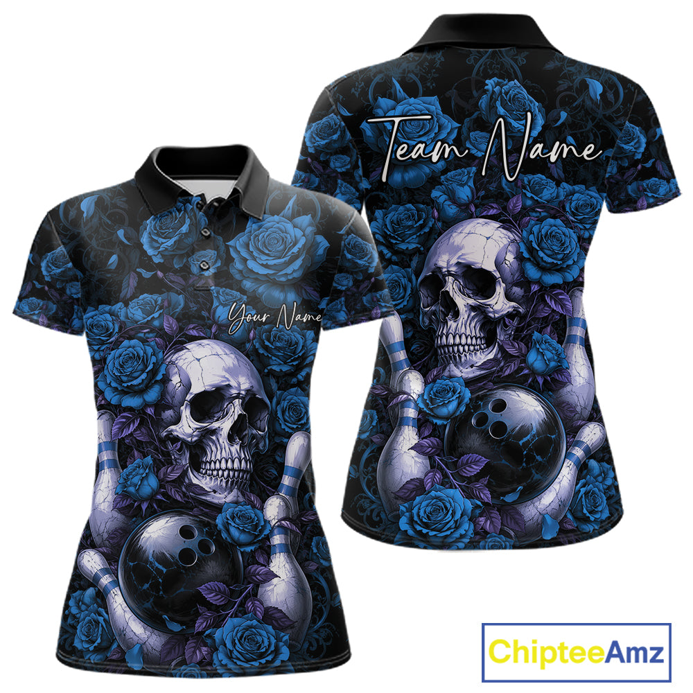 Custom Blue Roses And Skull Halloween Bowling Team Women Polo Shirt, Bowler Outfit IPHW11968