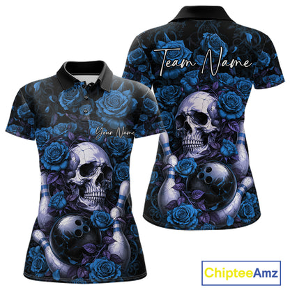Custom Blue Roses And Skull Halloween Bowling Team Women Polo Shirt, Bowler Outfit IPHW11968