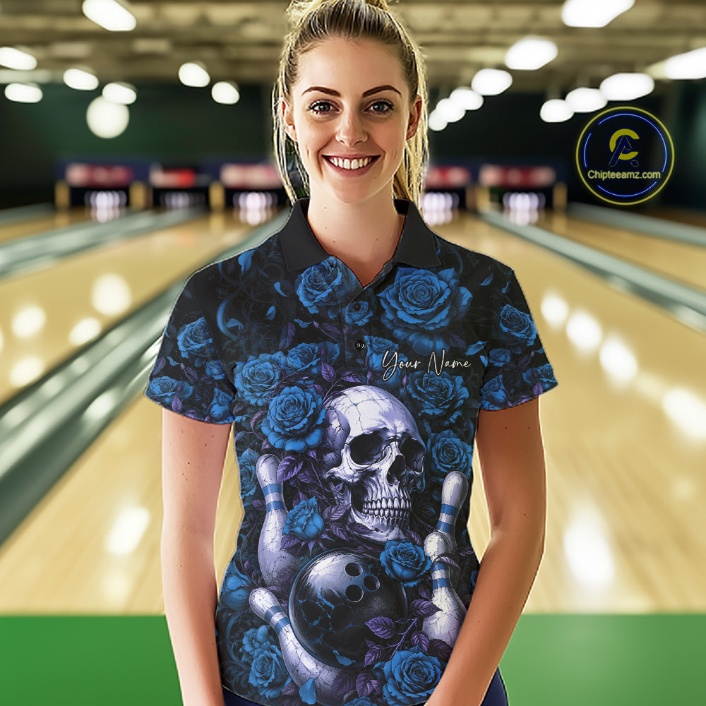 Custom Blue Roses And Skull Halloween Bowling Team Women Polo Shirt, Bowler Outfit IPHW11968