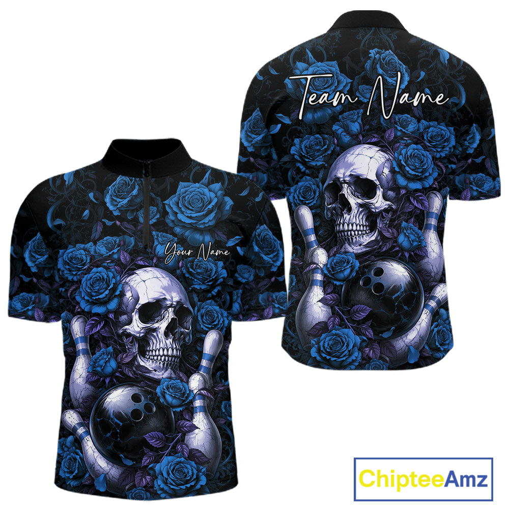 Custom Blue Roses And Skull Halloween Bowling Team Men Quarter Zip Shirt, Bowler Outfit IPHW11968