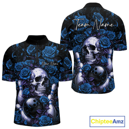 Custom Blue Roses And Skull Halloween Bowling Team Men Quarter Zip Shirt, Bowler Outfit IPHW11968