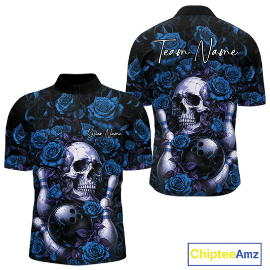 Custom Blue Roses And Skull Halloween Bowling Team Men Quarter Zip Shirt, Bowler Outfit IPHW11968