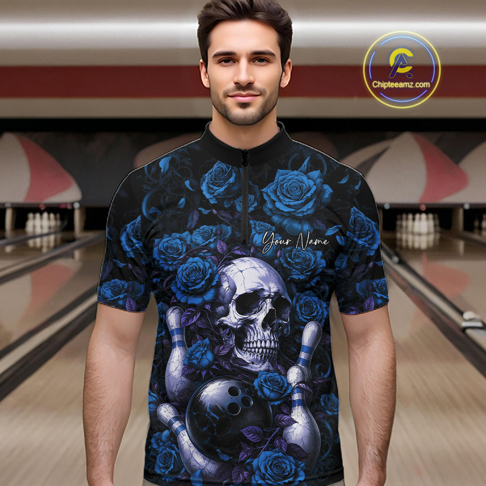 Custom Blue Roses And Skull Halloween Bowling Team Men Quarter Zip Shirt, Bowler Outfit IPHW11968
