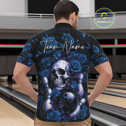 Custom Blue Roses And Skull Halloween Bowling Team Men Quarter Zip Shirt, Bowler Outfit IPHW11968