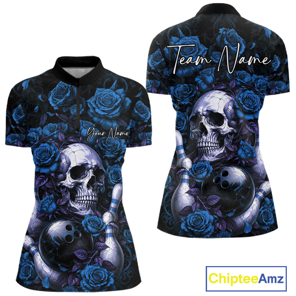 Custom Blue Roses And Skull Halloween Bowling Women Quarter-Zip Shirt, Bowler Outfit IPHW11968