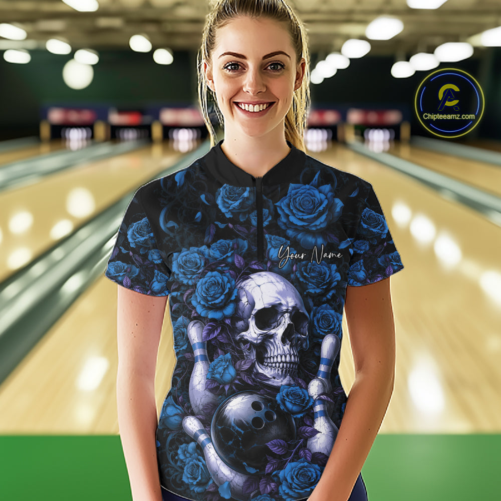 Custom Blue Roses And Skull Halloween Bowling Women Quarter-Zip Shirt, Bowler Outfit IPHW11968