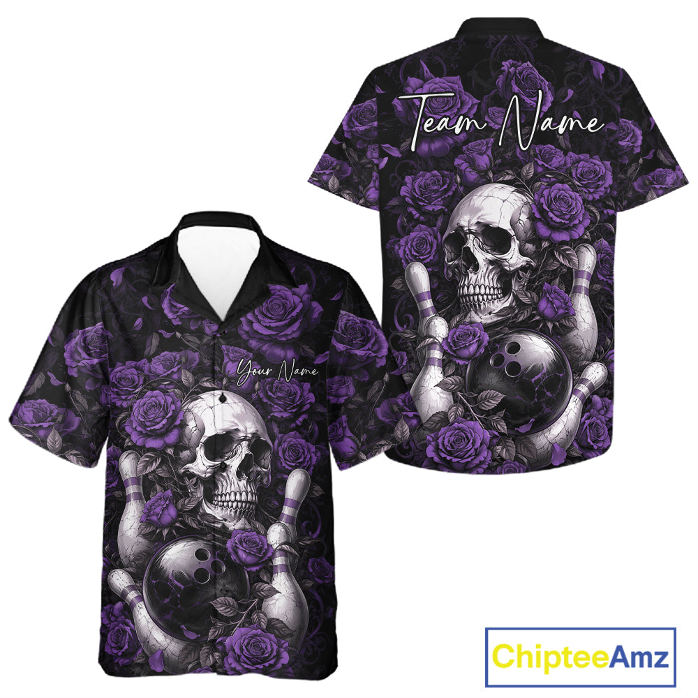 Custom Purple Roses And Skull Halloween Bowling Team Men And Women Button Up Shirt, Bowler Outfit IPHW11969