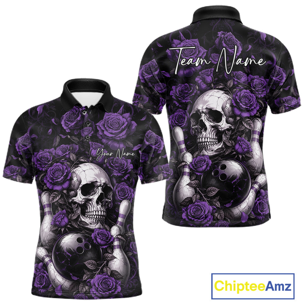 Custom Purple Roses And Skull Halloween Bowling Team Men Polo Shirt, Bowler Outfit IPHW11969