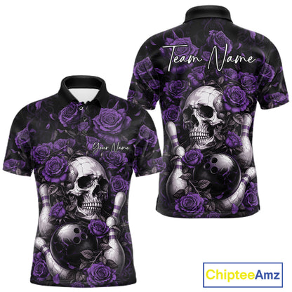 Custom Purple Roses And Skull Halloween Bowling Team Men Polo Shirt, Bowler Outfit IPHW11969