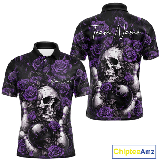 Custom Purple Roses And Skull Halloween Bowling Team Men Polo Shirt, Bowler Outfit IPHW11969