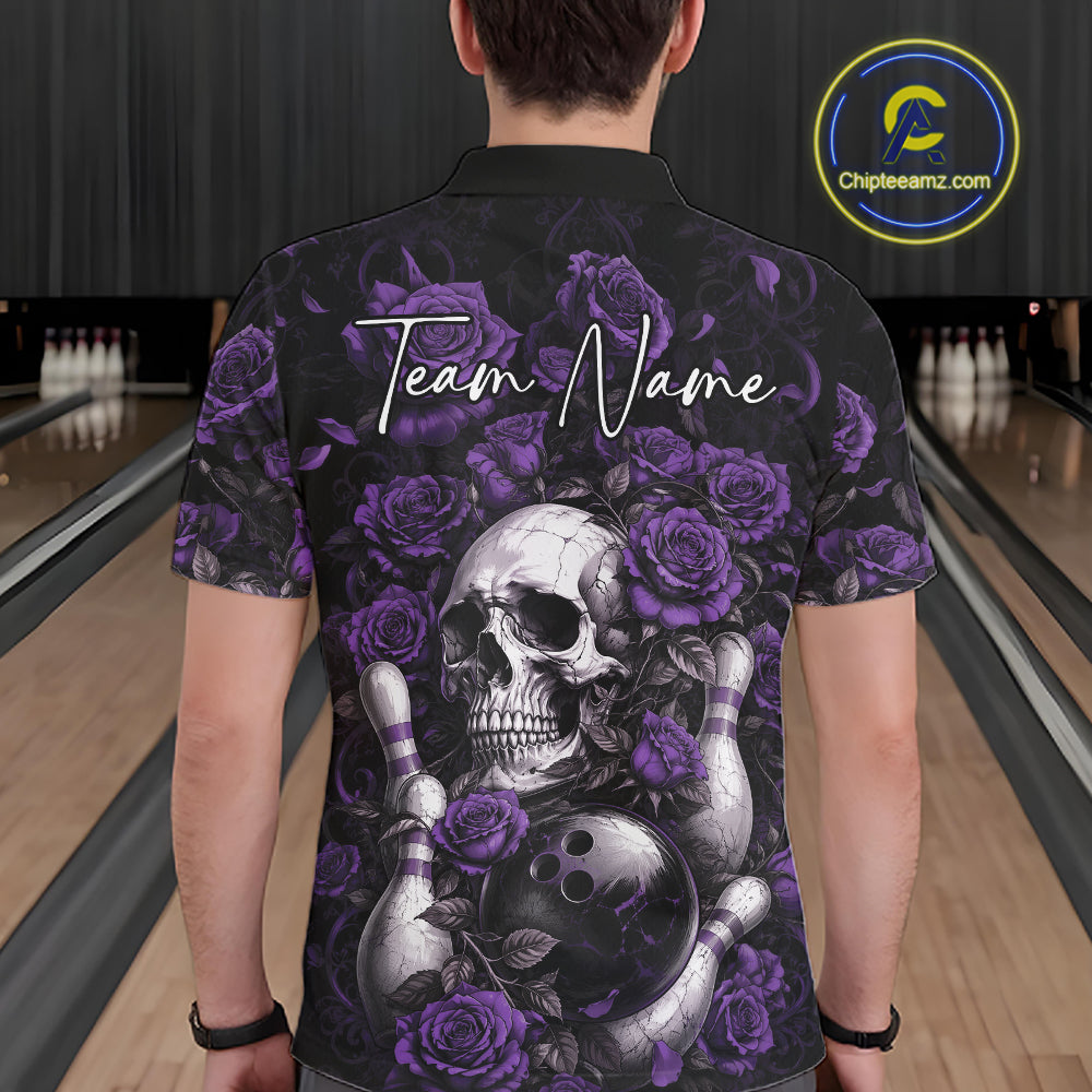 Custom Purple Roses And Skull Halloween Bowling Team Men Polo Shirt, Bowler Outfit IPHW11969