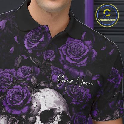 Custom Purple Roses And Skull Halloween Bowling Team Men Polo Shirt, Bowler Outfit IPHW11969