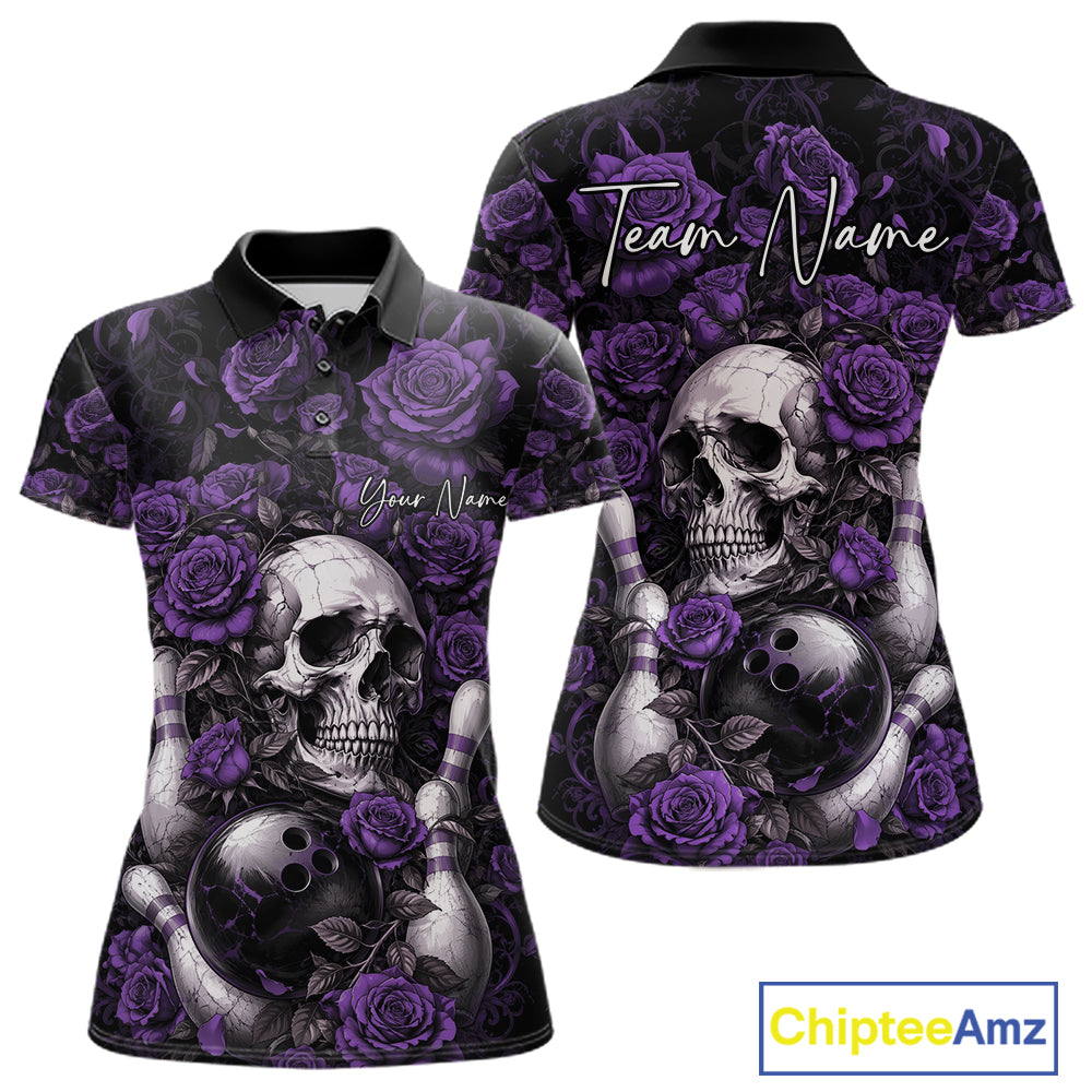 Custom Purple Roses And Skull Halloween Bowling Team Women Polo Shirt, Bowler Outfit IPHW11969