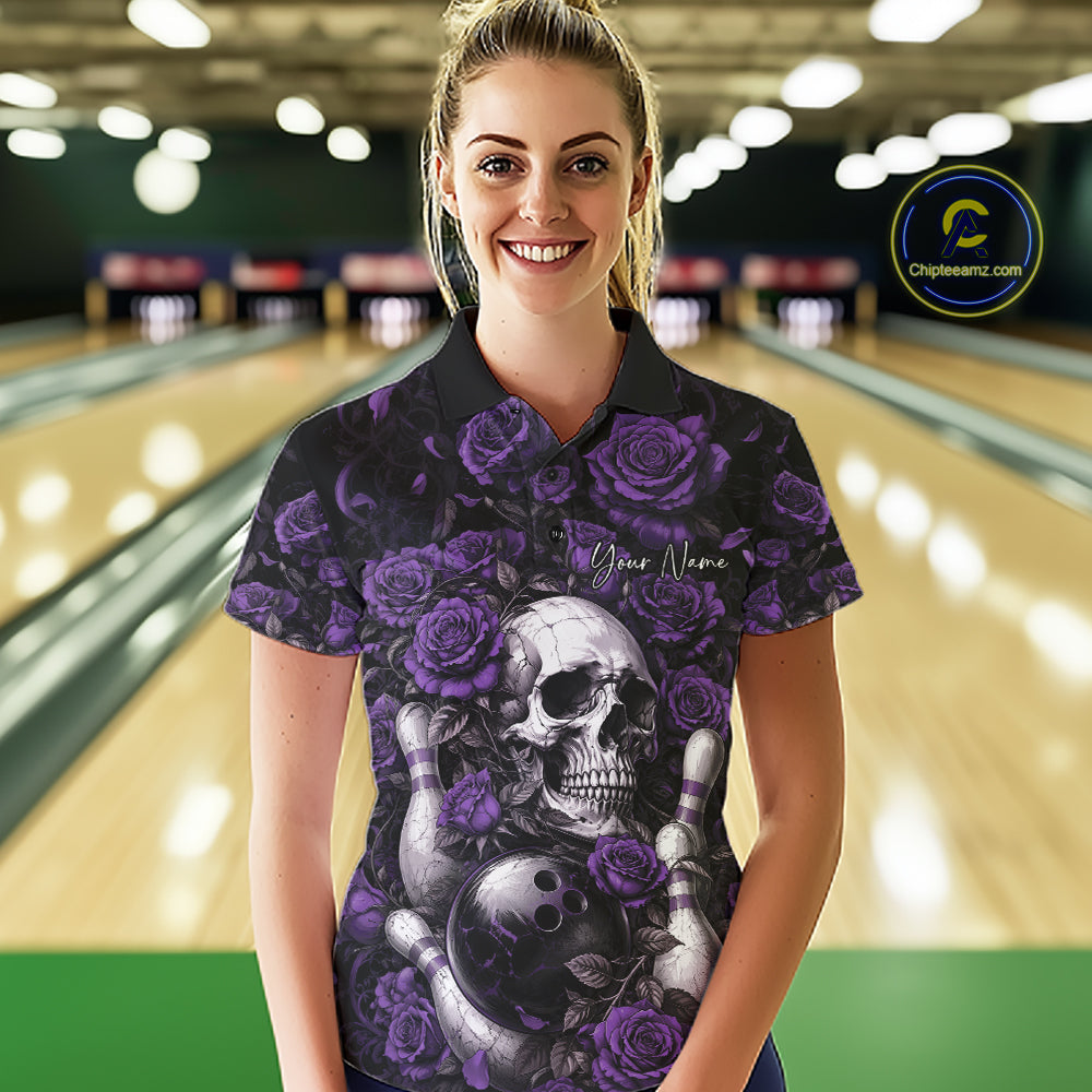 Custom Purple Roses And Skull Halloween Bowling Team Women Polo Shirt, Bowler Outfit IPHW11969