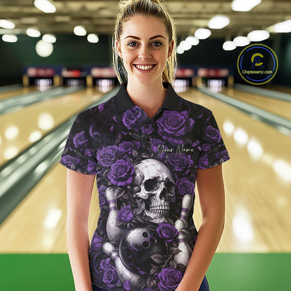 Custom Purple Roses And Skull Halloween Bowling Team Women Polo Shirt, Bowler Outfit IPHW11969