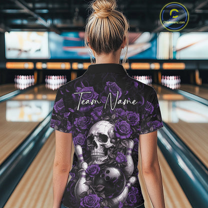 Custom Purple Roses And Skull Halloween Bowling Team Women Polo Shirt, Bowler Outfit IPHW11969