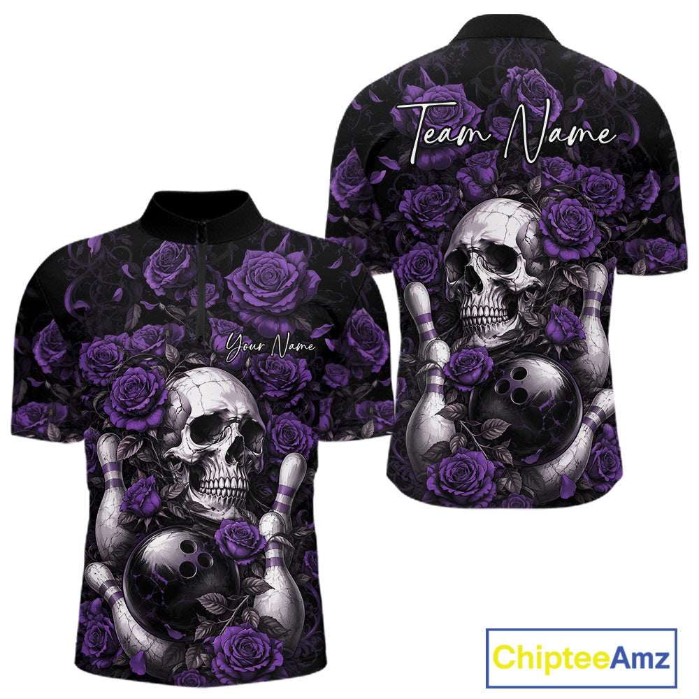 Custom Purple Roses And Skull Halloween Bowling Team Men Quarter Zip Shirt, Bowler Outfit IPHW11969