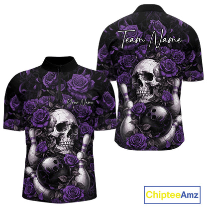Custom Purple Roses And Skull Halloween Bowling Team Men Quarter Zip Shirt, Bowler Outfit IPHW11969