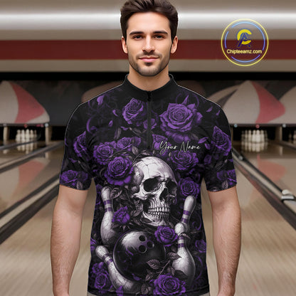 Custom Purple Roses And Skull Halloween Bowling Team Men Quarter Zip Shirt, Bowler Outfit IPHW11969