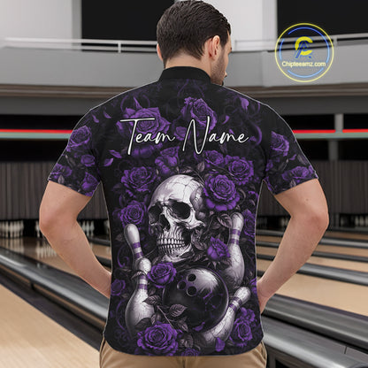 Custom Purple Roses And Skull Halloween Bowling Team Men Quarter Zip Shirt, Bowler Outfit IPHW11969