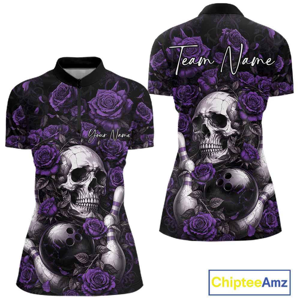 Custom Purple Roses And Skull Halloween Bowling Women Quarter-Zip Shirt, Bowler Outfit IPHW11969