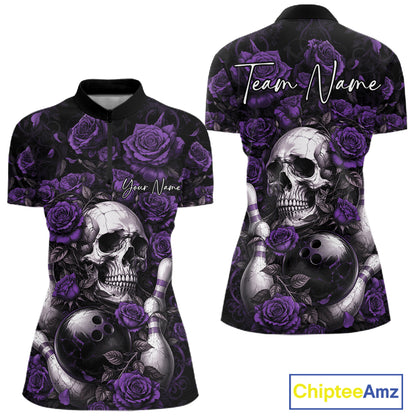 Custom Purple Roses And Skull Halloween Bowling Women Quarter-Zip Shirt, Bowler Outfit IPHW11969