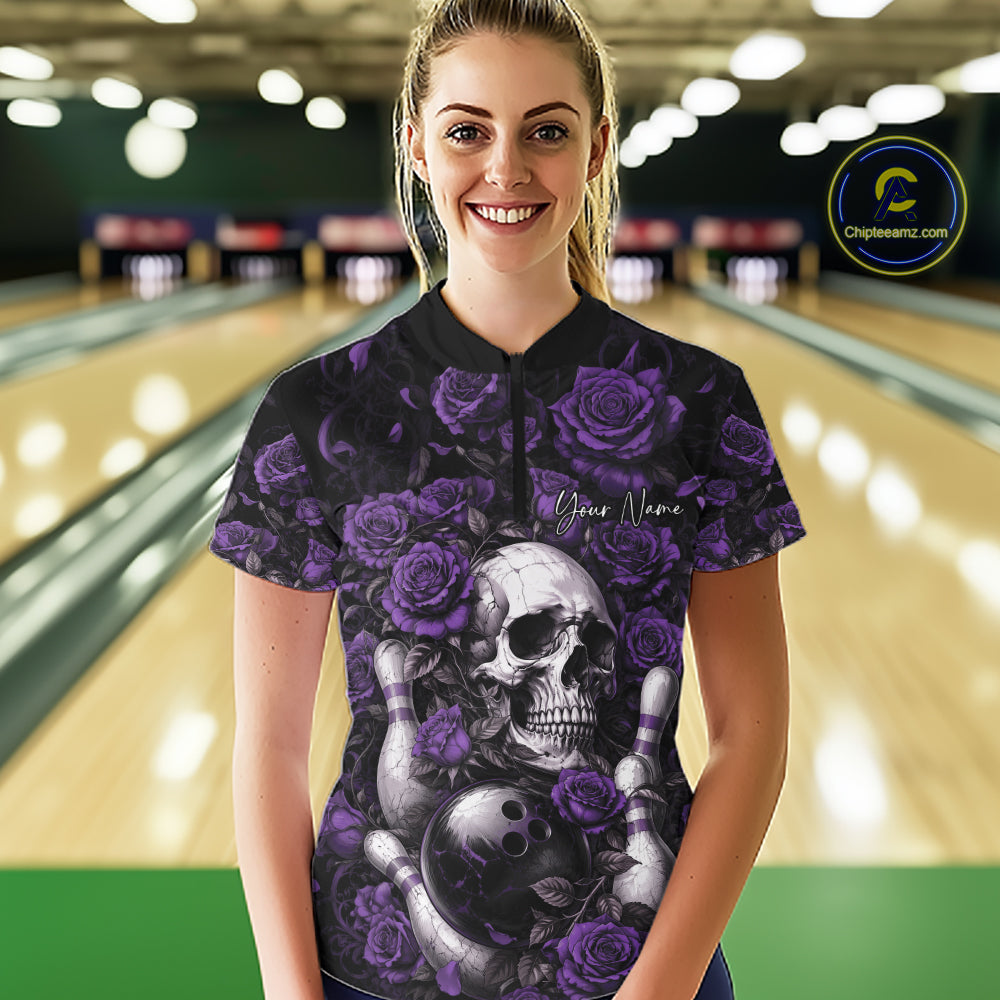 Custom Purple Roses And Skull Halloween Bowling Women Quarter-Zip Shirt, Bowler Outfit IPHW11969