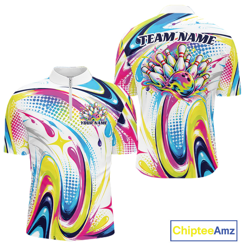 Custom Colorful Bowling Team Men Quarter Zip Shirt, Bowling League Outfit Team Jersey IPHW12762